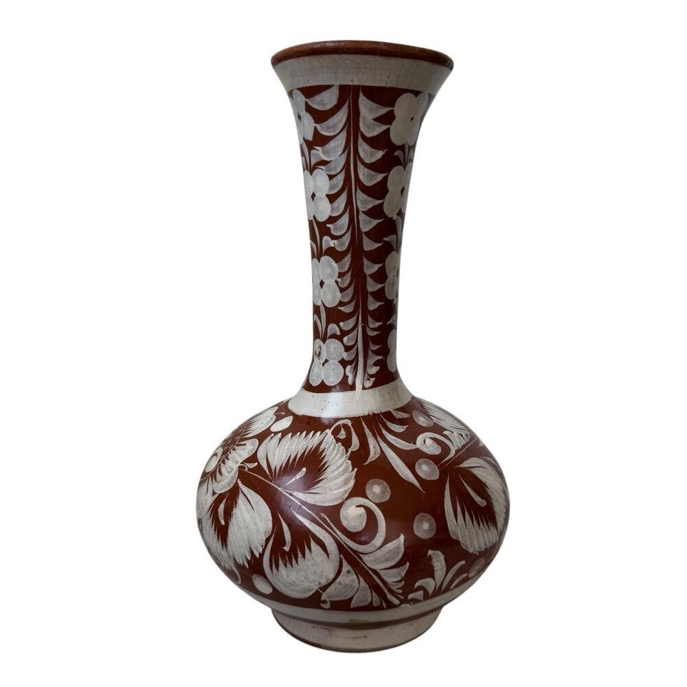 Mexican Pottery Bottleneck 9.5” Vase Floral Hand Painted Bohemian Signed R.C. - Picture 3 of 9